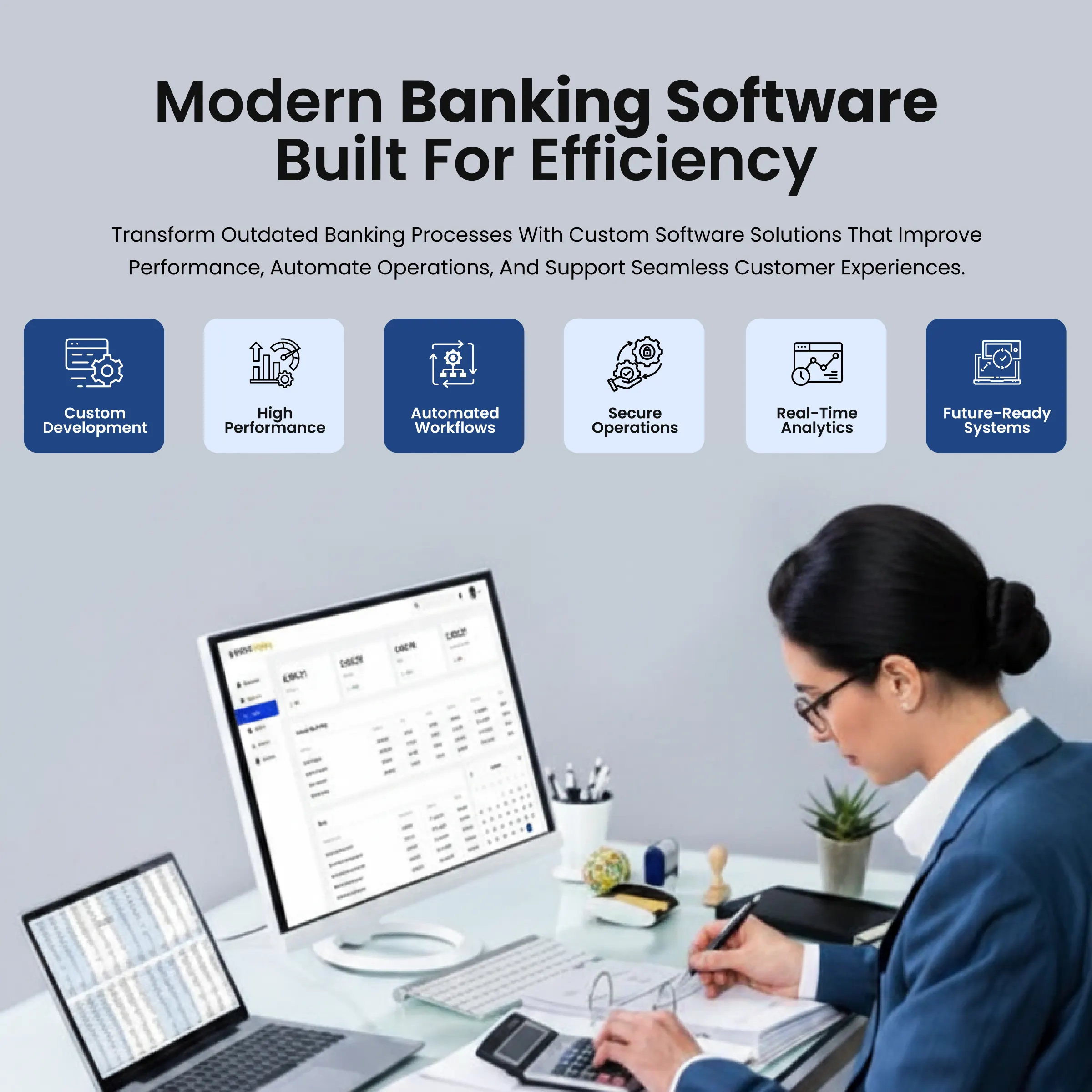 Overview of banking software solutions including loan origination system, KYC onboarding, and payment integration built for Indian banks