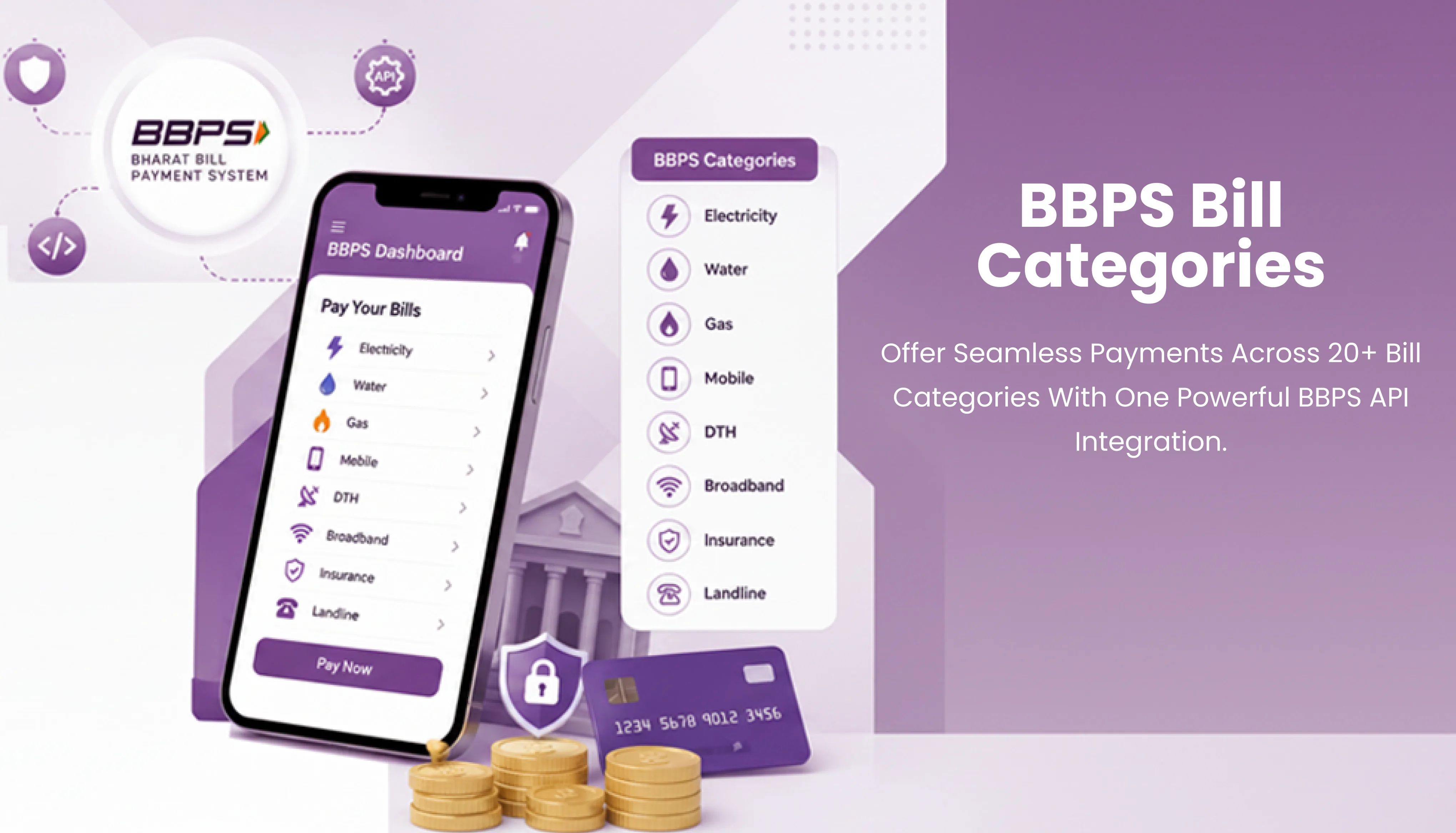Bill categories supported by BBPS API — electricity, water, gas, DTH, loan EMI, mobile postpaid, and 20 plus bill types