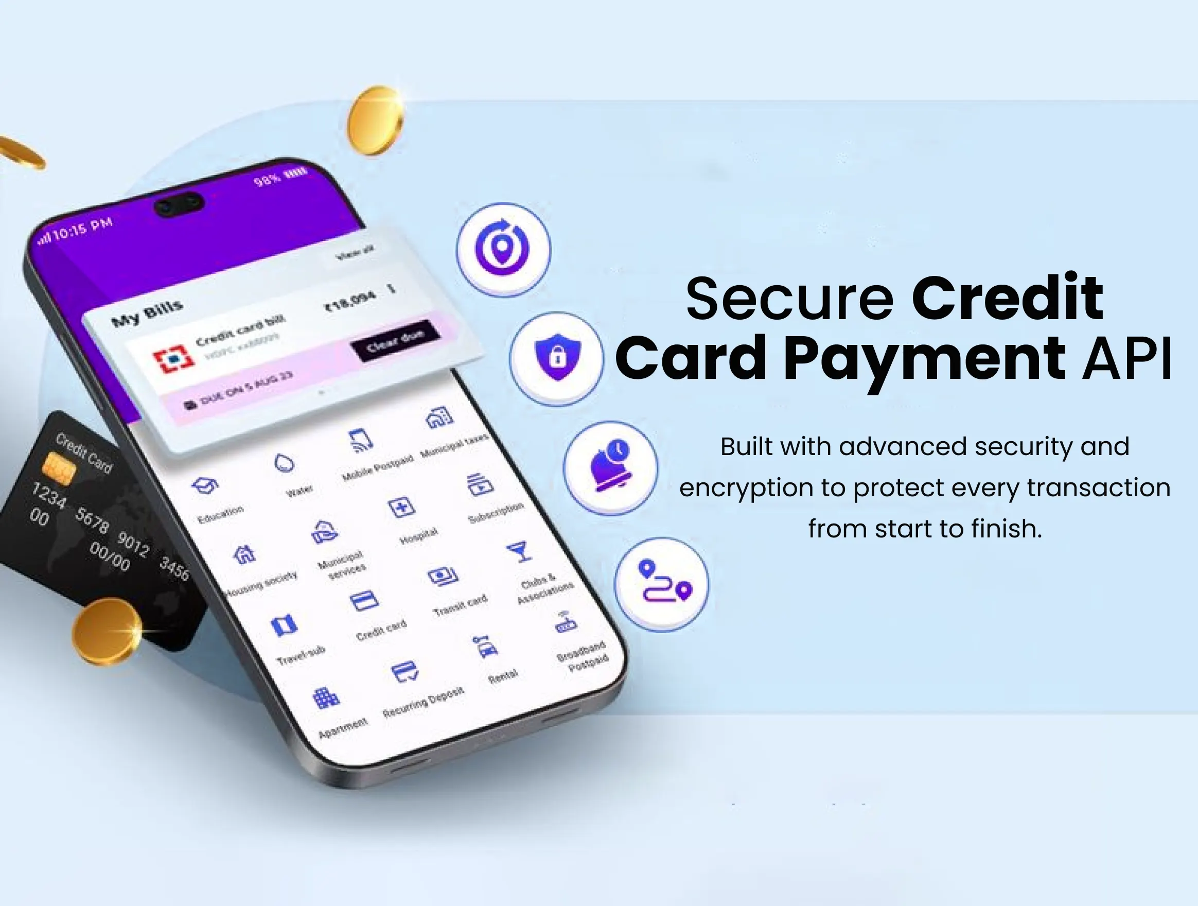 Credit card API security architecture showing 256-bit encryption, PCI DSS Level 1 compliance, and tokenisation for safe bill payments in India 