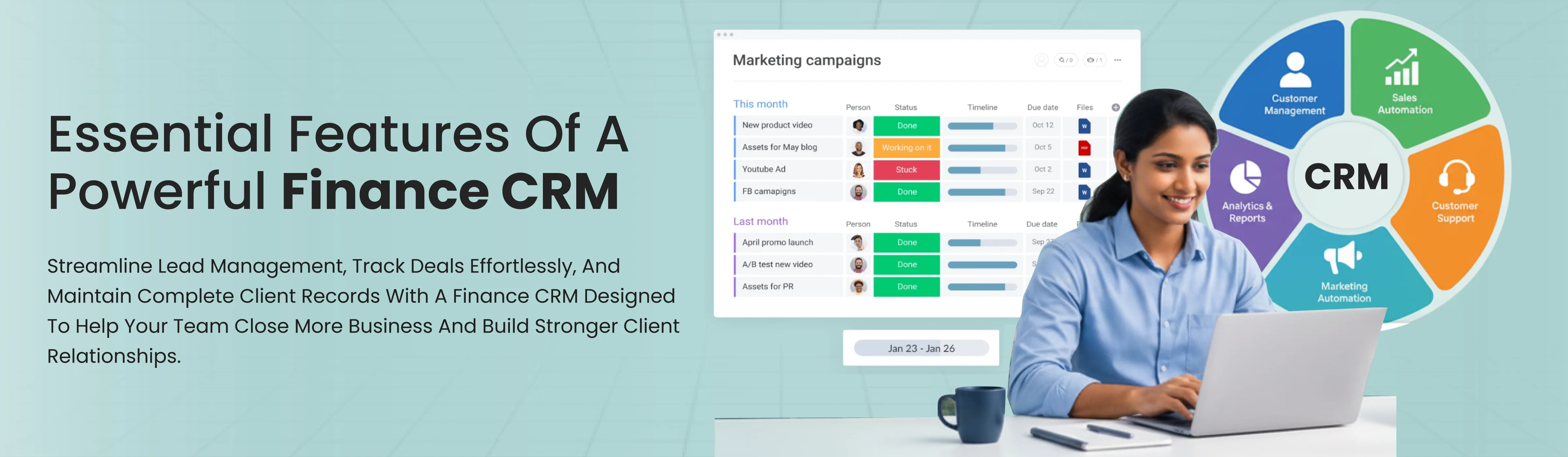 Finance CRM software features including AUM tracking, KYC document management, and compliance audit trail 