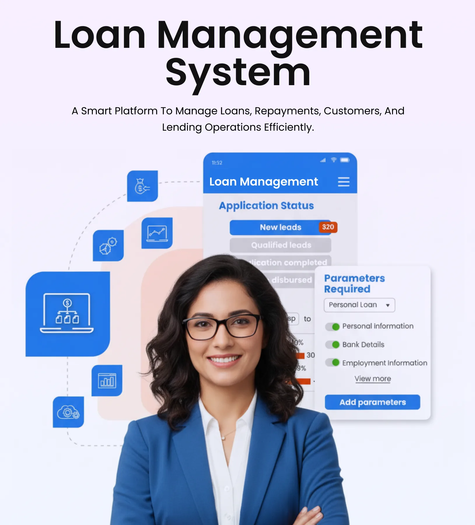 Loan lifecycle diagram illustrating disbursement, EMI scheduling, collections, NPA watch, and loan closure in lending management software
