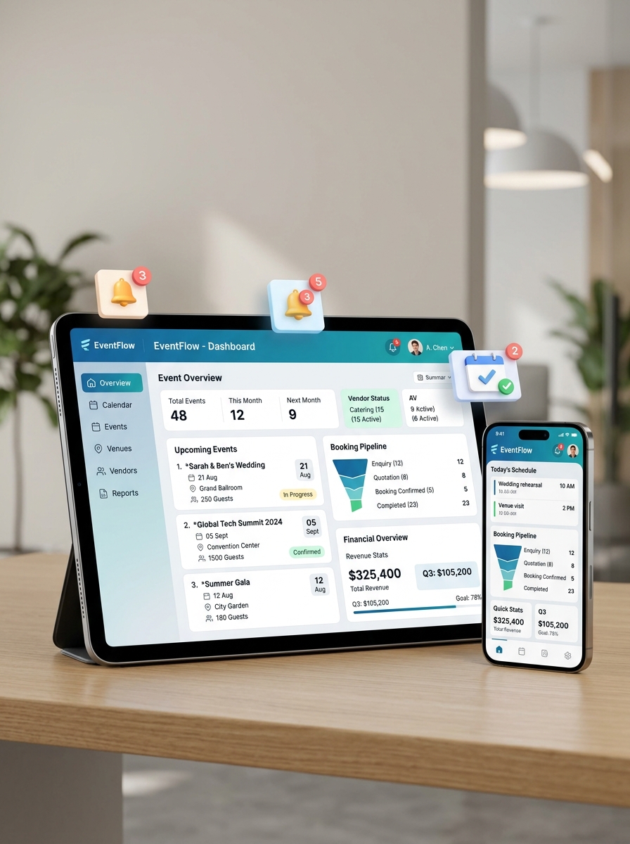 Event Management Software dashboard overview showing booking pipeline, event schedules, and revenue stats on tablet and smartphone