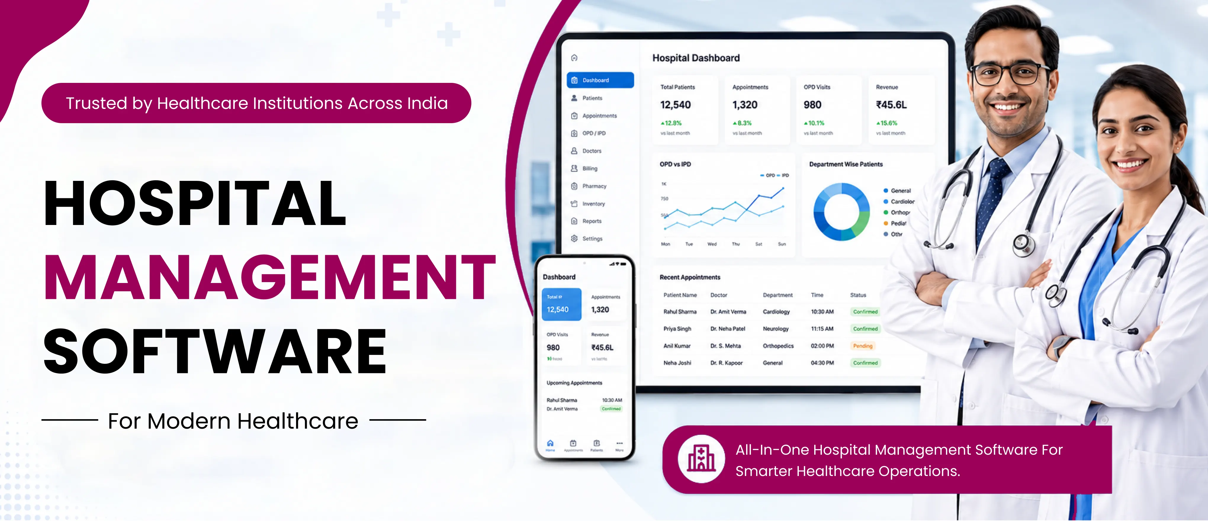 OPD appointment dashboard in CodePluse HMS displaying doctor availability, token queue, and smart appointment scheduling for hospitals 