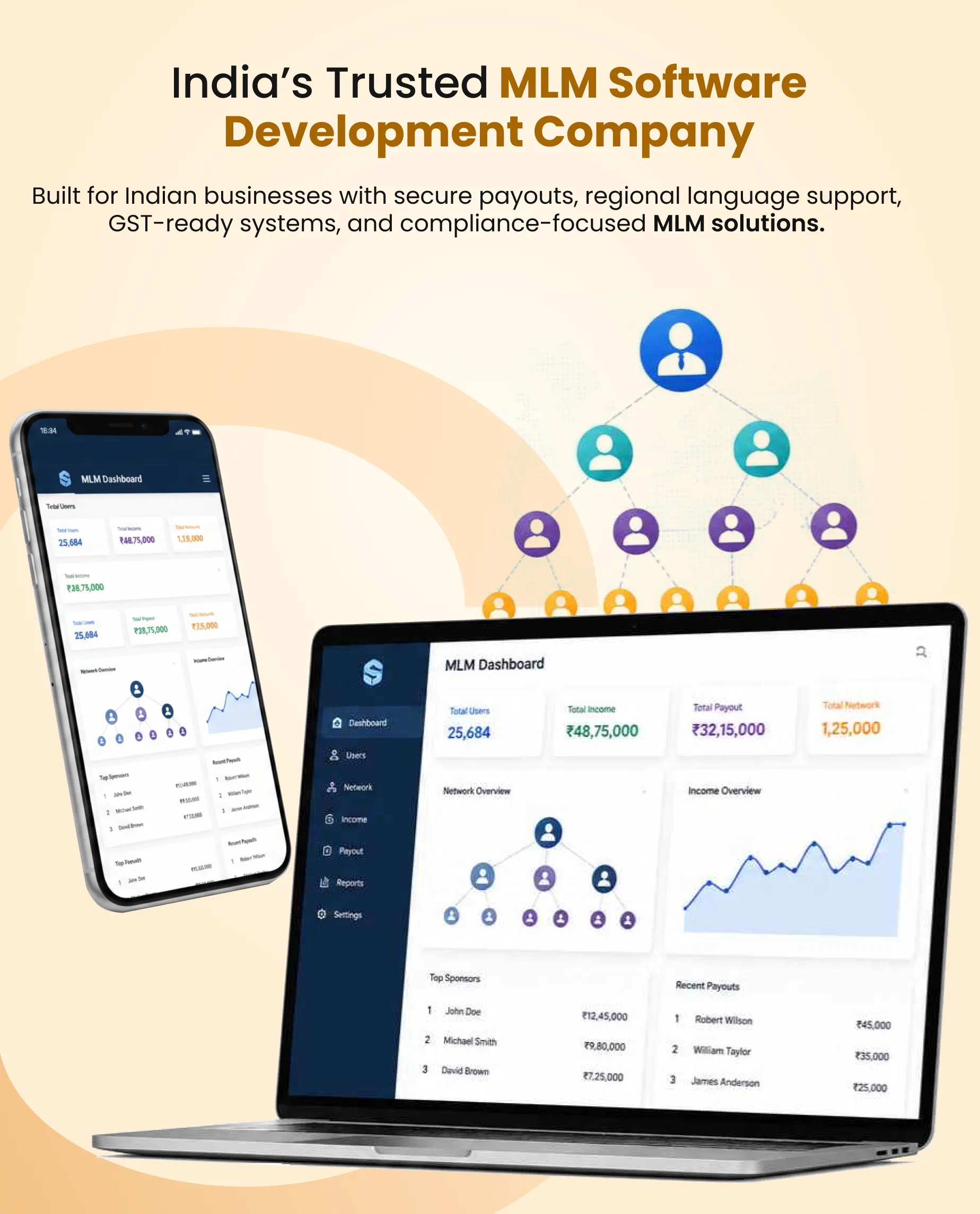 MLM member dashboard on mobile app displaying commission earnings, referral bonuses, and e-wallet payout status 