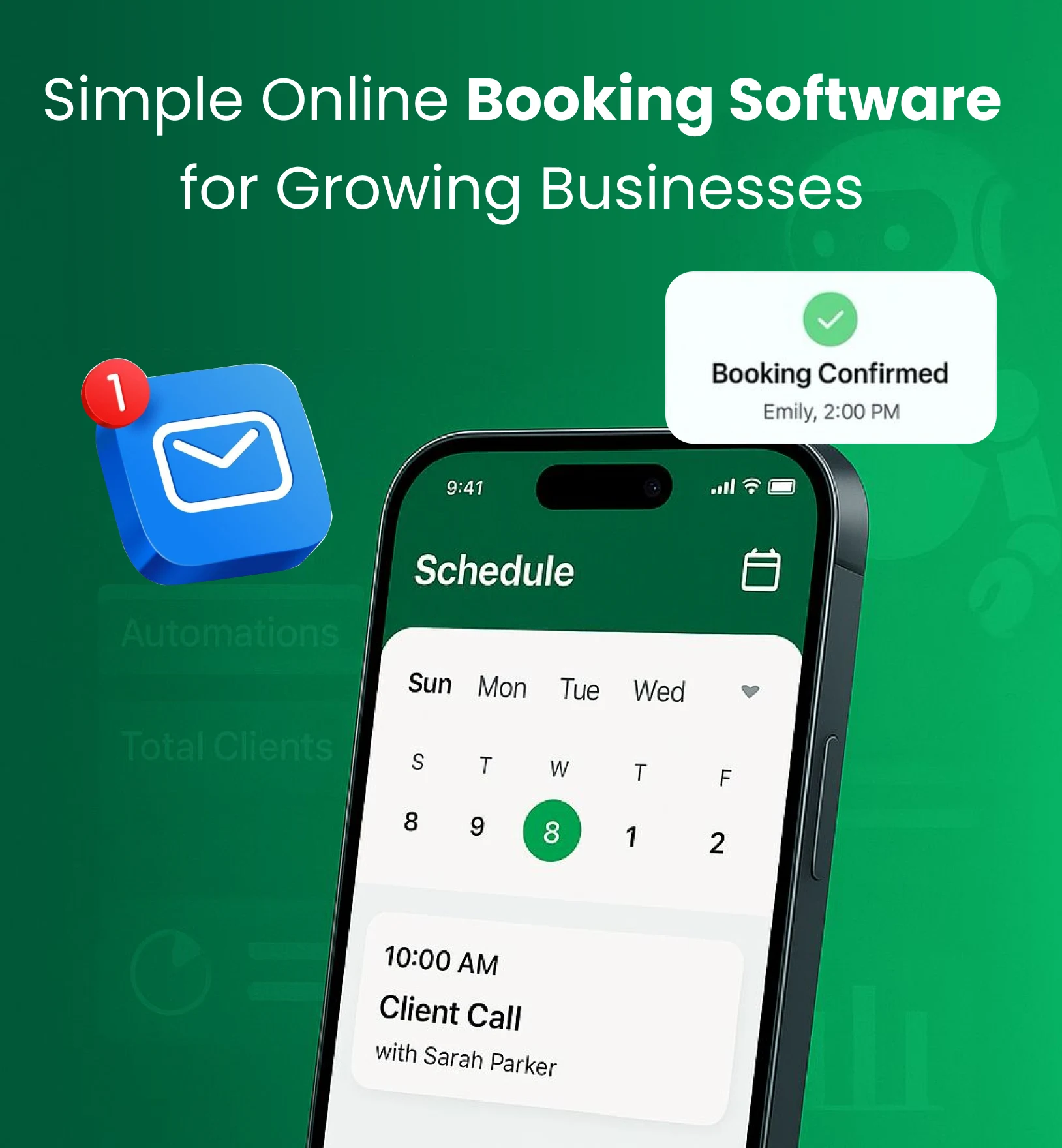 Infographic showing key stats of an online booking system — 24/7 availability, 120% revenue increase, and 77% fewer no-shows 