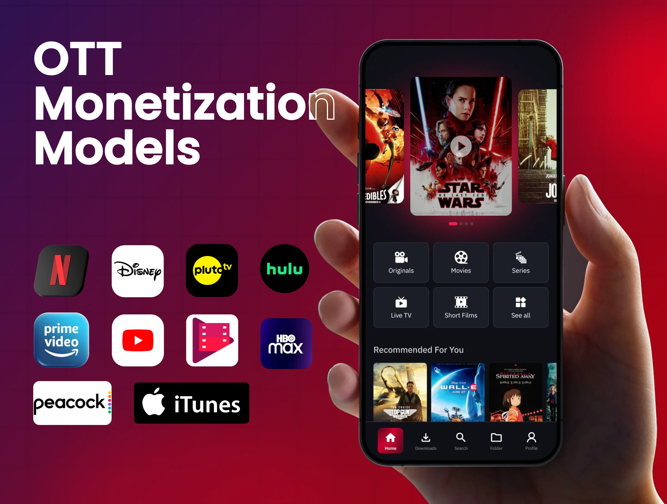 OTT monetization models comparison — SVOD, AVOD, TVOD, and hybrid streaming platform revenue options