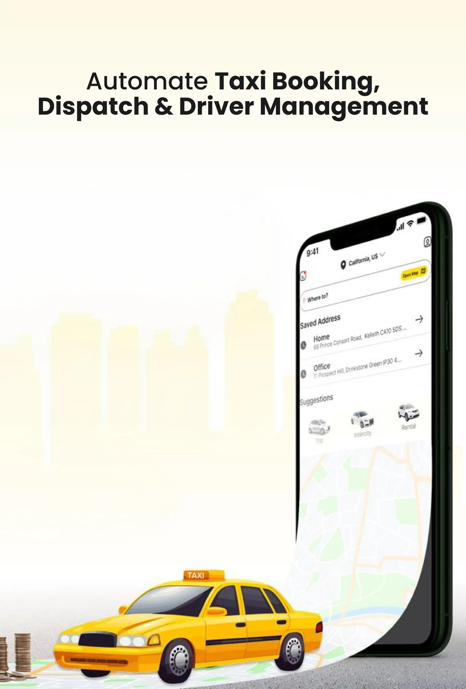 Step-by-step booking flow of an automated taxi dispatch system — from passenger ride request to payment processing